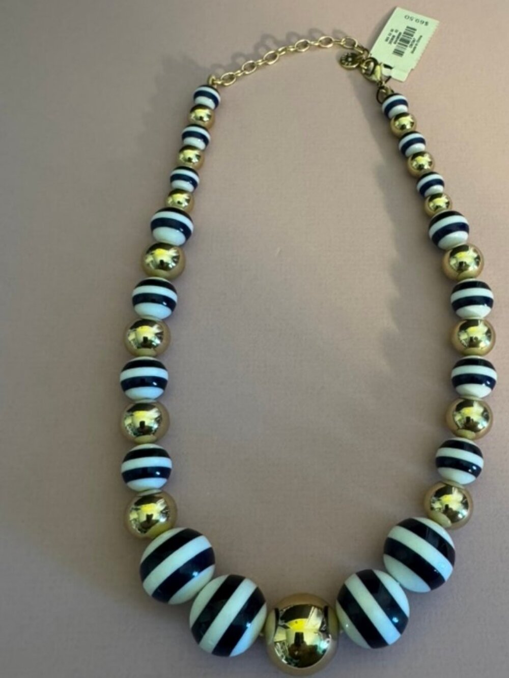 NWT Talbots Statement Necklace Navy White Gold Stripe Graduated Beads Adj Length - Picture 5 of 7